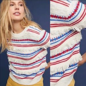 ANTHROPOLOGIE Red Blue White Fringe Striped Boho Sweater Size Large NEW